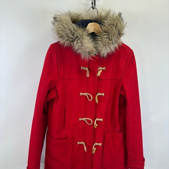 American Eagle Wool Blend Red Fur Hood Toggle Button Pea Coat Womens Large - Picture 2 of 16